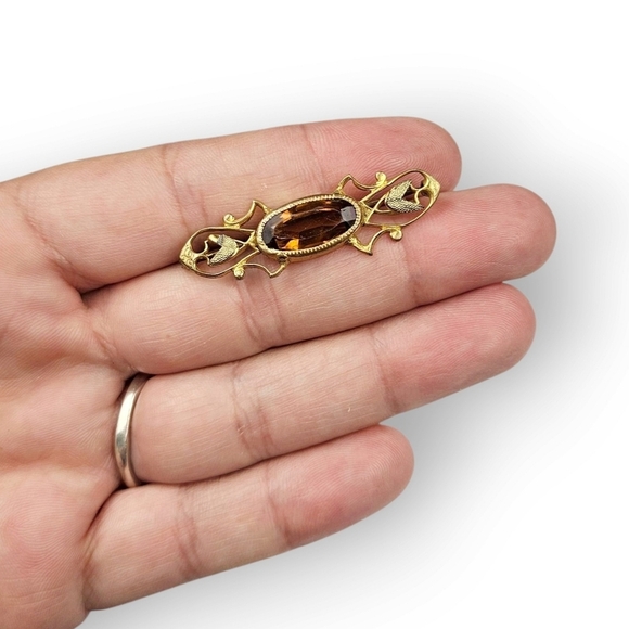 Antique Art Nouveau Bar Brooch Topaz Glass Gem Floral Gold Plated 1910s Vtg FLAW - Picture 8 of 8
